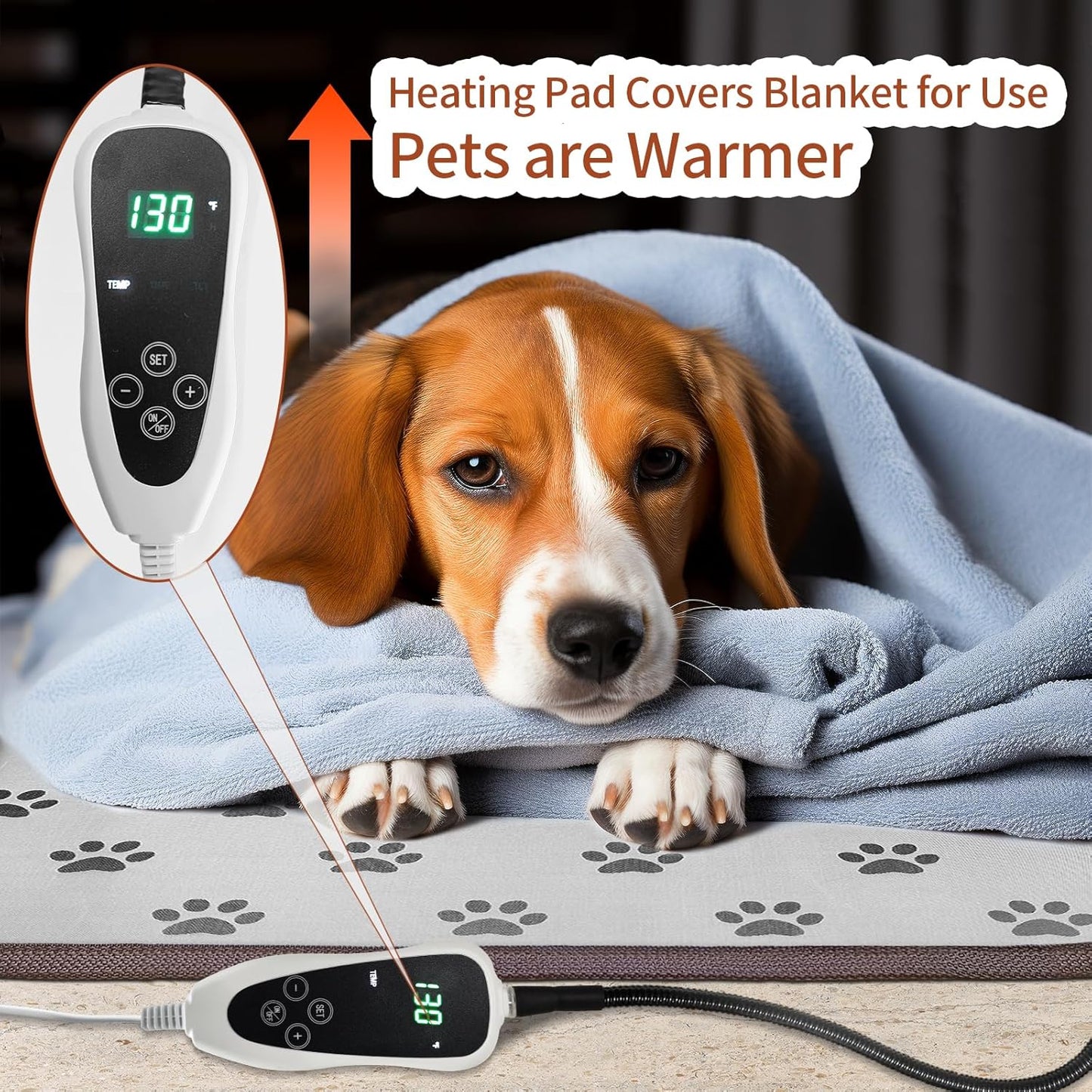 Waterproof Heated Dog Pad (28x18in) – Smart Thermostat Pet Bed with Stable Wire Rope & Paw Print Design – Ideal for Puppies and Whelping