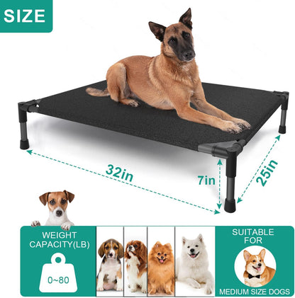 Medium Elevated Dog Bed (32x25x8in) – Raised Outdoor Cot with Waterproof Frame, Breathable Mesh, Anti-Slip Base & Portable Design – Supports Dogs Up to 80 lbs – Black