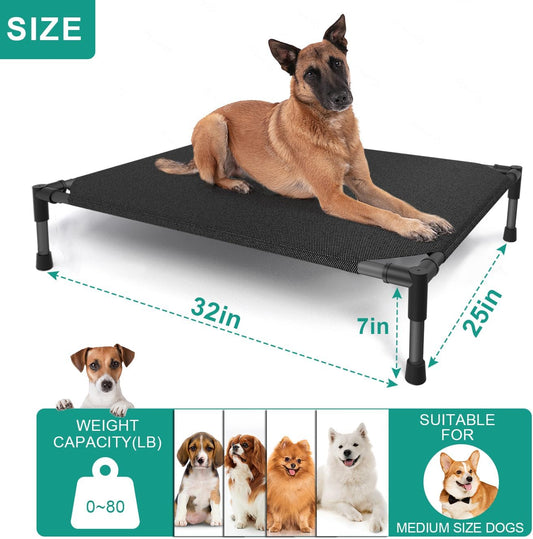 Medium Elevated Dog Bed (32x25x8in) – Raised Outdoor Cot with Waterproof Frame, Breathable Mesh, Anti-Slip Base & Portable Design – Supports Dogs Up to 80 lbs – Black