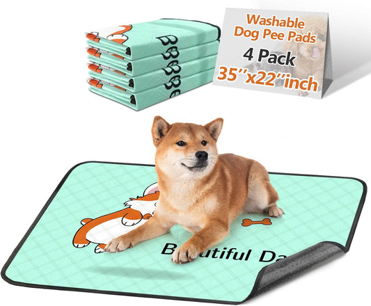 4-Pack Reusable Dog Pee Pads (35x22in) – Extra Absorbent, Leak-Resistant & Thick with Non-Slip Base – Perfect for Crates, Playpens, Whelping Boxes & Potty Training – Blue