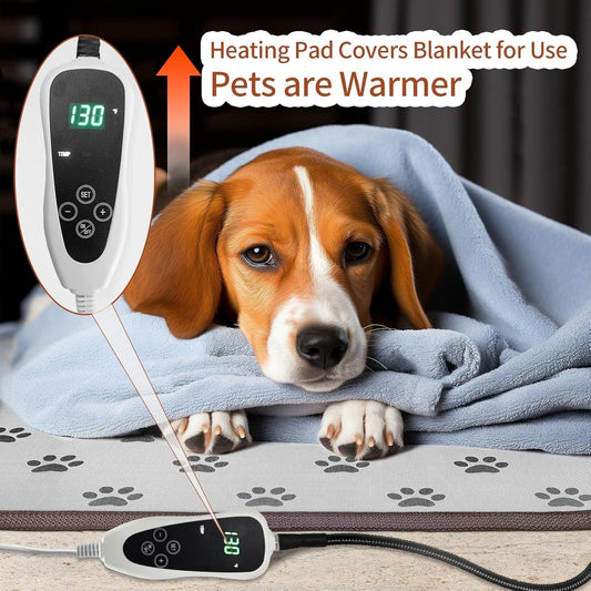 Waterproof Heated Dog Pad (28x18in) – Smart Thermostat Pet Bed with Stable Wire Rope & Paw Print Design – Ideal for Puppies and Whelping