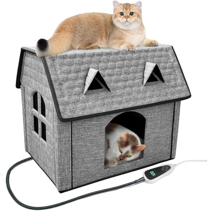Heated Cat House for Indoor & Outdoor Use – Foldable Bed with Smart Thermostat, Waterproof Design, and Cozy Windows – Includes Pet Heating Pads for Cats & Puppies