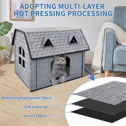 Heated Cat House for Indoor & Outdoor Use – Foldable Bed with Smart Thermostat, Waterproof Design, and Cozy Windows – Includes Pet Heating Pads for Cats & Puppies